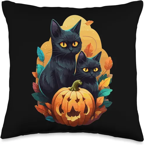 Miniatura 4 de Helloween Cat Costume And Horror Costume Designs Halloween Costume Ladies with Pumpkin and Black Cat Throw Pillow, 18x18, Multicolor