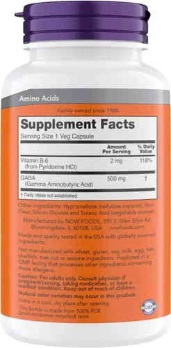 Miniatura 2 de NOW Foods Suplementos, GABA (ácido gamma-aminobutírico) 500 mg + B-6, neurotransmisor natural*, 300 cápsulas vegetales