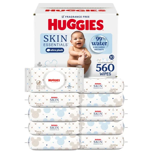 Huggies Skin Essentials Toallitas para bebé, hipoalergénicas, 99% de agua, 10 paquetes con tapa abatible (560 toallitas en total)
