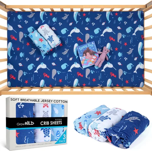Miniatura 3 de GROW WILD Blue Ocean - Sábanas de cuna para niños (paquete de 3), sábana bajera ajustable de punto de jersey (52 x 28 pulgadas), juego de ropa