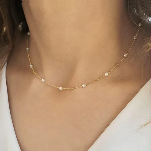 Miniatura 3 de Collar de perlas de oro para mujer, chapado en oro de 14 quilates, collares de perlas de agua dulce en capas para mujer, collar de perlas de cadena
