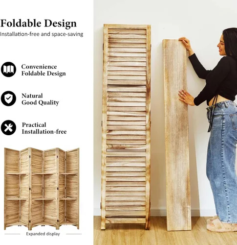 Miniatura 3 de Divisores de habitación, pantalla plegable de privacidad de madera de 67 x 51 pulgadas con tres estantes de exhibición, adecuado para oficina