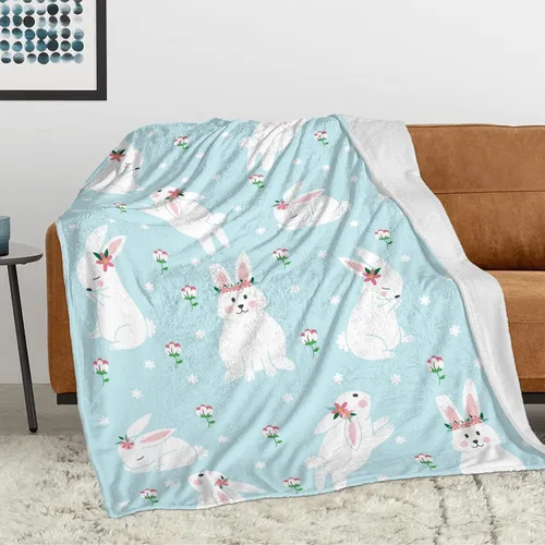 Manta de Pascua y primavera, manta de felpa acogedora y suave para sofá, cama, sofá, viajes, campamento para adultos/niños, color azul y blanco (30