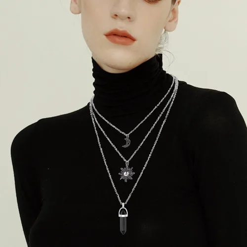 Miniatura 3 de Collar gótico de sol y luna para mujer, collares con colgante de cristal, accesorios Y2K, collar de luna creciente en capas para mujer, collar