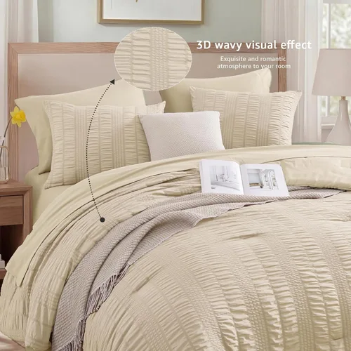 Miniatura 3 de CASAAGUSTO Juego de edredón Twin XL, 5 piezas de cama de seersucker beige en una bolsa, tamaño Twin, suave para todas las estaciones, juegos de ropa