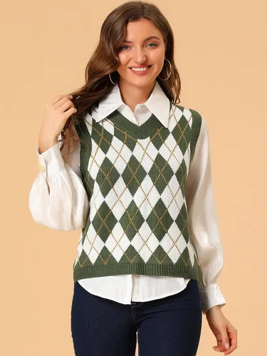 Miniatura 3 de Allegra K Suéter de punto Argyle a cuadros para mujer, Café