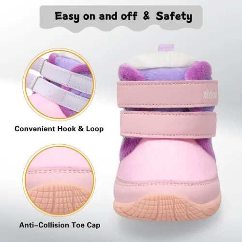 Miniatura 4 de XIHALOOK Botas de invierno para niños y niñas, para clima frío, zapatos cálidos de piel sintética con dos ganchos y bucle