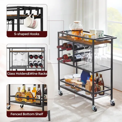Miniatura 7 de MAHANCRIS Carrito de bar para el hogar, carrito de servicio de 3 niveles con ruedas y asa, carrito de bebidas con estante para vino y soportes