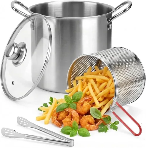 Freidora de acero inoxidable de 3.2 cuartos de galón con cesta y tapa, sartén profunda multifuncional con colador para cocinar en casa