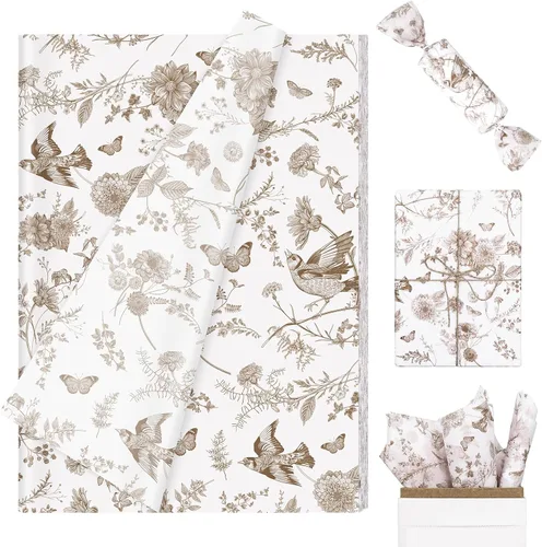 Miniatura 8 de Whaline 100 hojas de papel de seda floral negro vintage chinoiserie Toile flor pájaro mariposa papel de regalo para bricolaje, manualidades