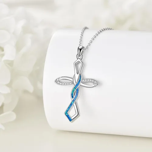 Miniatura 5 de KQF Collares de cruz para mujer, plata de ley, ópalo azul, colgante de cruz de fe, collar de Navidad, cumpleaños, joyería de regalo para mujeres