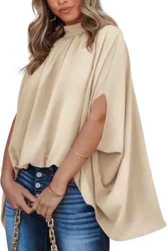 Miniatura 118 de BTFBM Blusas de verano para mujer, cuello alto falso, manga murciélago, holgadas, dobladillo alto y bajo, blusas informales de gran