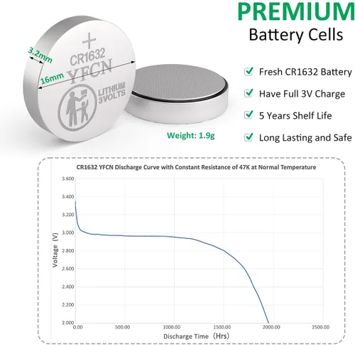 Miniatura 3 de YFCN CR1632 Batería de litio de 3 V, paquete de 5 baterías CR1632 para llavero de automóvil, control remoto sin llave, sensores - CR 1632
