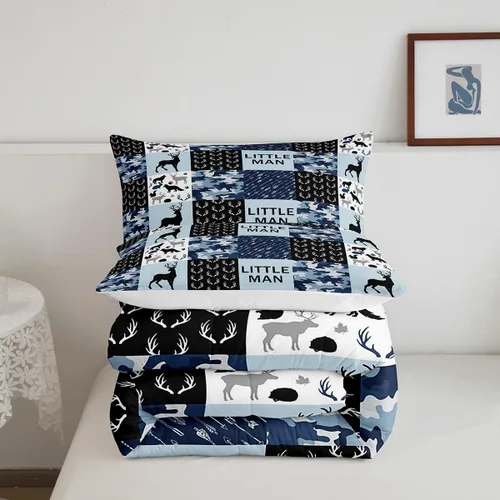 Miniatura 15 de Juego de edredón de cuernos de ciervo tamaño individual, juego de ropa de cama rústica de granja con huellas de oso y pinos para decoración