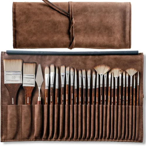 25 Piezas Pinceles de Pintura, Kit de Pinceles de Pintura Experto con Cerdas de Nylon Sintético con Cuchillo de Paleta y Rollo de Cuero de Gamuza,