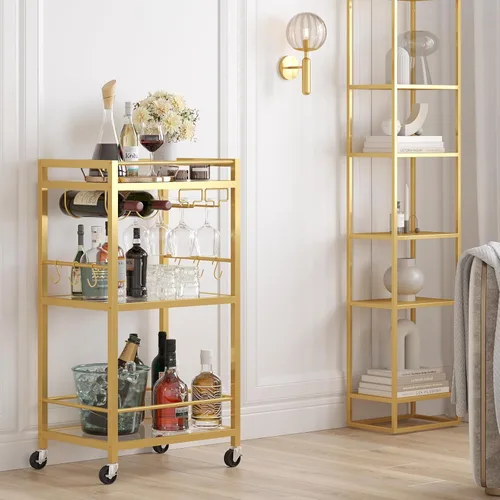 Miniatura 12 de TUTOTAK Carrito de bar, carrito de servicio para el hogar, carrito de bebidas, estante de cocina móvil con estante para vino y soporte para vidrio