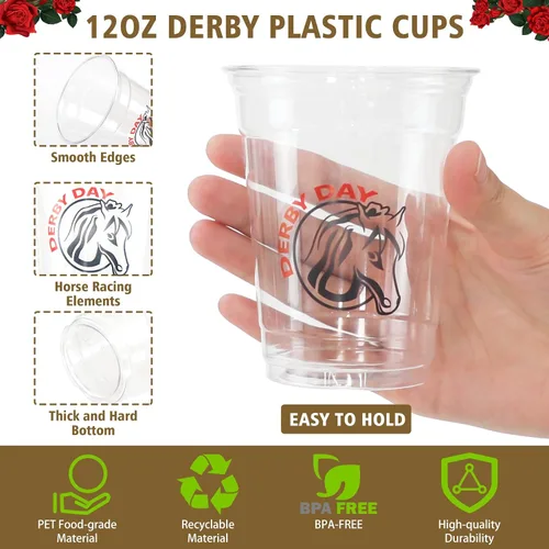 Miniatura 3 de MUOUAKATE Copas Derby desechables de plástico a granel, paquete de 100 vasos de 12 onzas Derby Clear Julep con pajitas de plástico y tarjetas