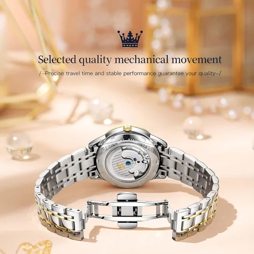 Miniatura 5 de OLEVS Reloj de mujer con esqueleto hueco y fase lunar de acero inoxidable, impermeable, dos tonos