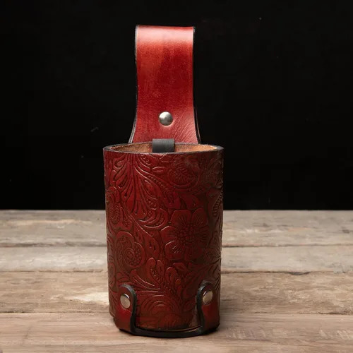 Miniatura 3 de Hulara Funda de cerveza de cuero pulido de grano completo para hombre, hebilla de cinturón de viaje de vaquero/al aire libre Cereza con lazo