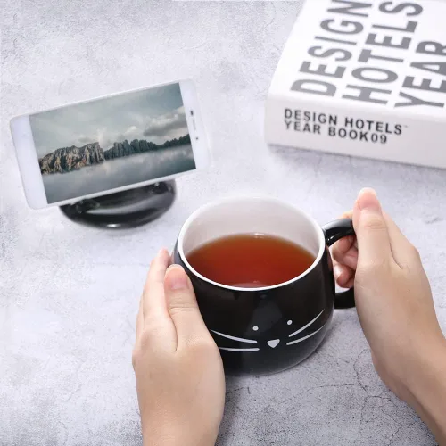 Miniatura 3 de Koolkatkoo Taza de café con diseño de gato de 16 onzas con tapa para teléfono celular, para amantes de los gatos, tazas negras de cerámica únicas