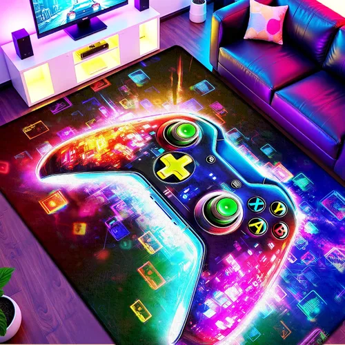 Miniatura 21 de Alfombra de área de juegos neón de 3 x 5 pies para habitación de niños, alfombra colorida de control de juegos para decoración de habitación
