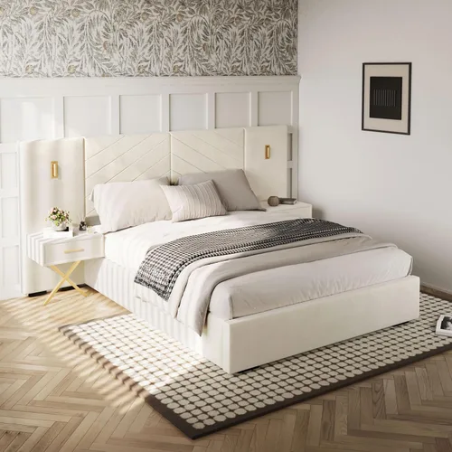 DEINPPA Base de cama Queen de lujo con luces LED doradas integradas y mesitas de noche, cama de plataforma tamaño Queen con cabecera tapizada de