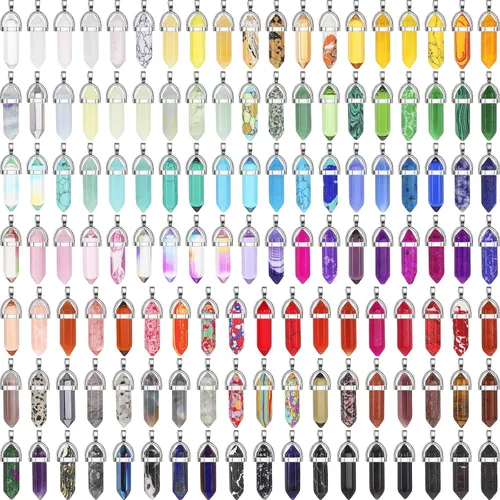 Miniatura 8 de Jexine 130 colgantes de cristal hexagonales a granel, con piedras preciosas naturales, collar de chakras con forma de bala de cuarzo con bolsa