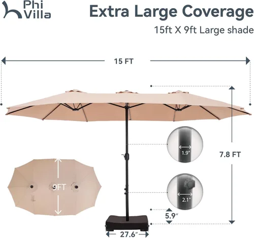 Miniatura 7 de PHI VILLA Sombrilla grande de 15 pies para patio con base incluida, sombrilla de doble cara rectangular para exteriores de gran tamaño con soporte
