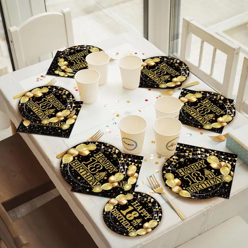 Miniatura 5 de Kepeel Juego de 96 piezas de vajilla para fiesta de cumpleaños número 18, decoraciones de fiesta de cumpleaños negro dorado Es Hora de Ser Adulto