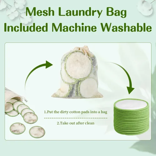 Miniatura 4 de Paquete de 16 almohadillas desmaquillantes reutilizables, 100% algodón orgánico, lavables y ecológicas, con bolsa de lavandería y caja