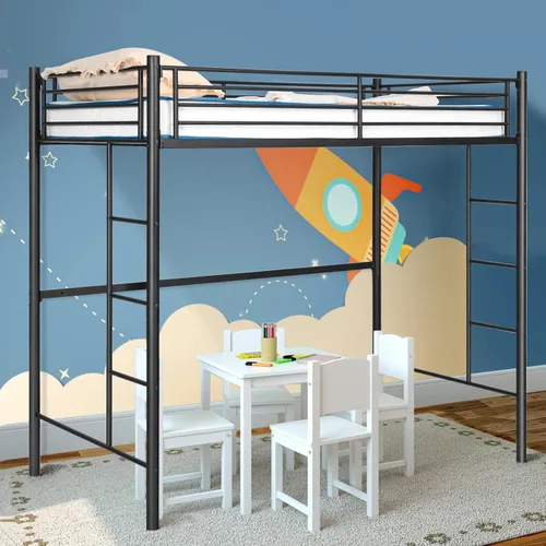 Miniatura 7 de Giantex Cama alta de metal tamaño individual, marco de cama alta resistente con 2 escaleras, litera individual sobre loft con protector de longitud