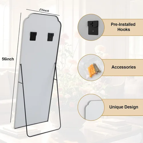 Miniatura 5 de Espejo arqueado plateado de cuerpo entero de 21"x56", para colgar en la pared o de piso con marco de metal, espejo arqueado decorativo moderno