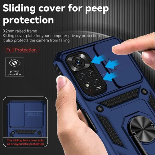 Miniatura 2 de Funda para Redmi Note 11 (4G)/Redmi Note 11S 2201117TY con protector de pantalla de vidrio templado y cubierta de cámara deslizante, anillo Azul