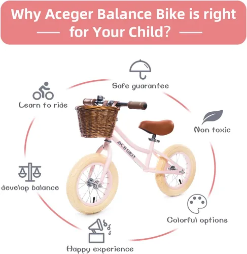 Miniatura 3 de ACEGER Bicicleta de equilibrio de 12" para niños con canasta, bicicleta para niños pequeños para fortalecer las piernas y mejorar el equilibrio