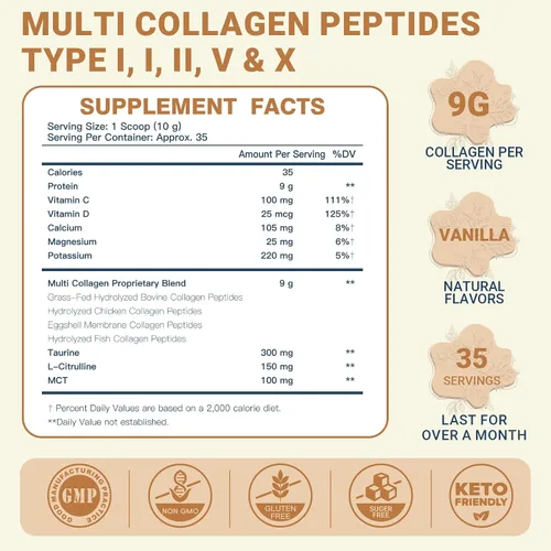 Miniatura 2 de DRFOSTER Péptidos de colágeno de vainilla en polvo para mujeres y hombres, colágeno multi tipo I II III V X con multivitaminas y minerales