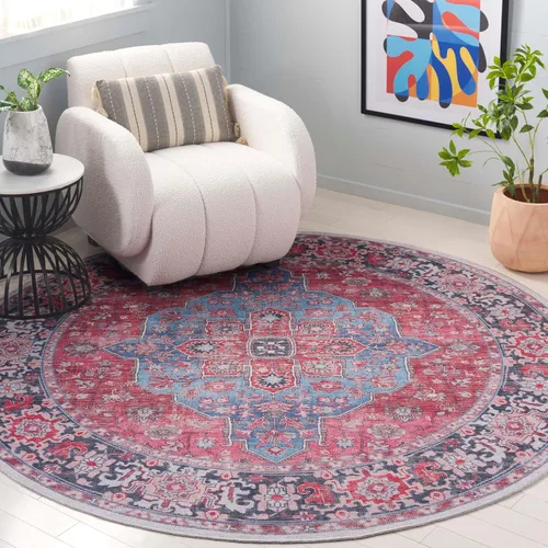 SAFAVIEH Alfombra lavable Serapi Collection redonda de 6 pies 7 pulgadas, azul y al óxido, antideslizante y fácil de limpiar, ideal para sala de