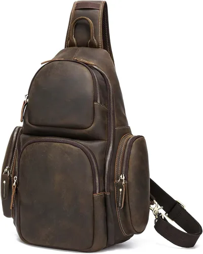 Bolsa de cuero genuino de grano completo, se adapta a portátil de 14 pulgadas, pecho de viaje cruzado bandolera bandolera mochila bolsa de día 17L -