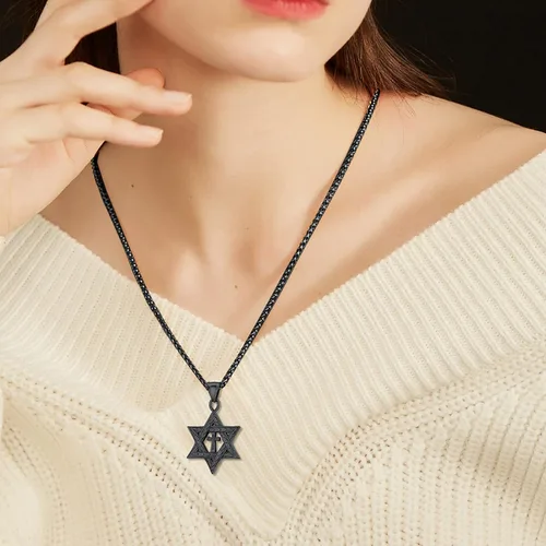 Miniatura 73 de U7 - Collar con Estrella de David para hombres y mujeres, dije hexagonal de acero inoxidable con cruz/piedra de rubí/collares clásicos judíos