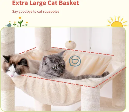 Miniatura 4 de Hey-brother Torre de árbol alto para gatos, postes rascadores resistentes con plataformas grandes, condominios acogedores, hamaca grande, bolas