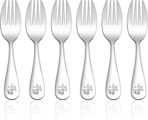 E-far Tenedores para niños pequeños, juego de 6 tenedores de acero inoxidable para niños pequeños, utensilios pequeños de metal para