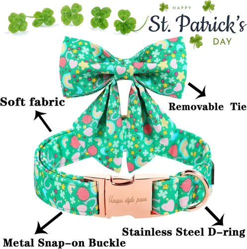 Miniatura 2 de Unique style paws Collar de perro del día de San Patricio con corbata, collar de cachorro de corazón de trébol de arco iris para niños pequeños