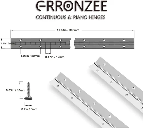 Miniatura 3 de 2 piezas bisagras de piano de 12 pulgadas de acero inoxidable continuas y bisagras de piano resistentes, grosor de hoja de 0.04 pulgadas, longitud