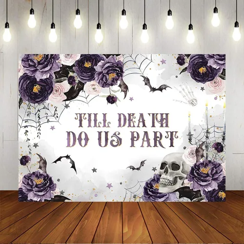 Miniatura 5 de Mocsicka Till Death Do Us Part - Telón de fondo para Halloween, esqueleto gótico, flores, despedida de soltera, fotografía, fondo espeluznante