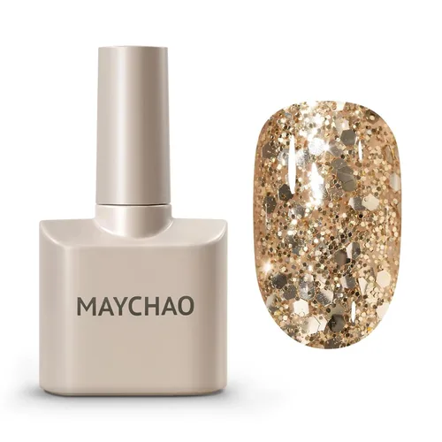 Miniatura 15 de MAYCHAO Esmalte de uñas de gel con purpurina de oro rosa de 0.5 fl oz, 1 esmalte de gel de oro rosa brillante, esmalte de uñas LED UV, arte de uñas