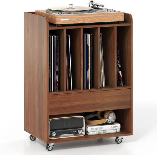 Miniatura 13 de Giantex Soporte para tocadiscos, soporte giratorio con cajón, gancho y ruedas con bloqueo, estante de exhibición de discos de vinilo con capacidad