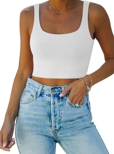 REORIA - Ombliguera sin mangas y costuras, con doble forro, cuello cuadrado, sexy, para mujer y yoga