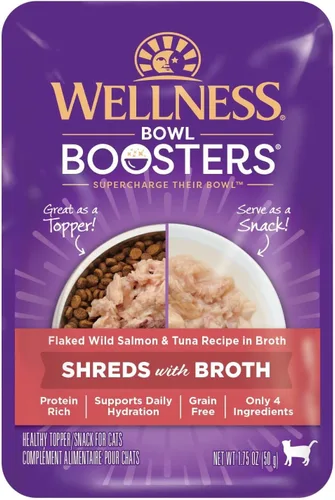 Miniatura 10 de Wellness Bowl Boosters Shreds with Caldo Wet Cat Food Topper, sin granos, natural, receta de atún en hojuelas y camarones, 1.75 onzas, paquete de 12