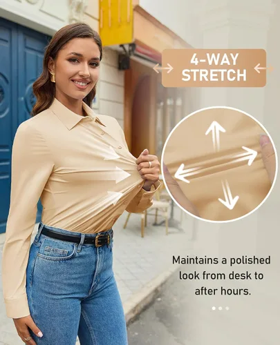 Miniatura 4 de Camisa con botones para mujer, ajustada, elástica, sin arrugas, para mujer, de manga larga, con cuello, blusa de trabajo para uso casual