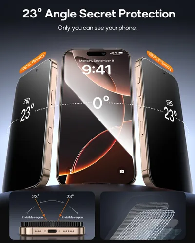 Miniatura 3 de Paquete de 3 protectores de pantalla de privacidad de vidrio templado para iPhone 16 Pro, cabina sin polvo, posicionamiento automático, sin