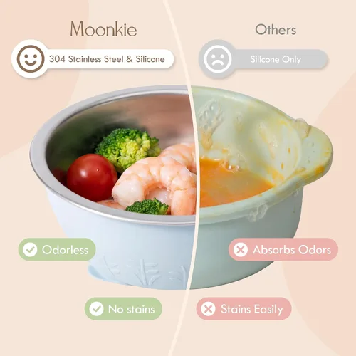 Miniatura 6 de Moonkie Cuencos para bebés con succión, cuencos de acero inoxidable y silicona para niños pequeños con tapas, diseño de una sola pieza sin costuras